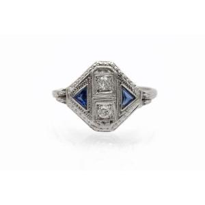 Art Deco Ring With Synthetic Diamonds And Sapphires, Czechoslovakia, Circa 1920-1930.