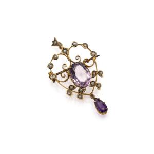 Antique Heart-shaped Brooch/pendant In The Edwardian Style, Adorned With Amethysts And Pearls
