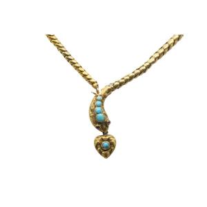 Victorian Gold Necklace Depicting A Snake, Adorned With Turquoise, Mid-19th Century.