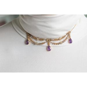 Early 20th-century Edwardian Gold Necklace Adorned With Amethysts And Pearls