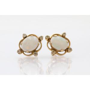 Vintage Gold Earrings With Opals And Diamonds