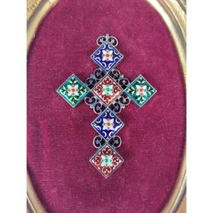 Large Cross In Bressans & Vermeil Enamels, 19th Century. Golden Leaf Frame.