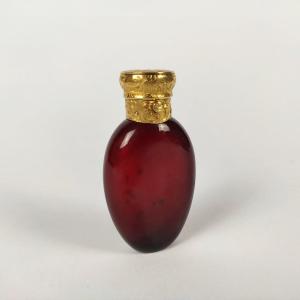 Big Salt / Perfume Bottle In Red Glass And Large Gold Frame Engraved With Foliage. 