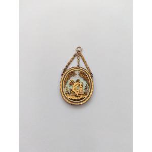 Romantic Pendant In Gold And Miniature Eglomisée Under Glass. Empire Period. Early 19th Century