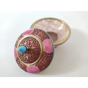 Paul Guillon: Rare Rose Quartz Cup, Guilloché & Enameled Silver, Vermeil. C1900