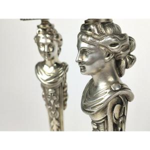 Rare Pair Of Candlesticks In Silvered Bronze, Women In Term, Antique Style. 19th Century.