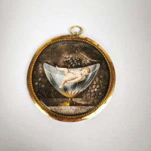 A La Volupté: Romantic Allegorical Miniature Of A Putto Sleeping In A Cup. Gold And Metal