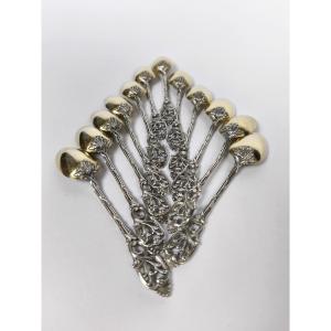 Alphonse Debain: 12 Art Nouveau Spoons In Openwork Sterling Silver & Vermeil, Pierced Spatula.