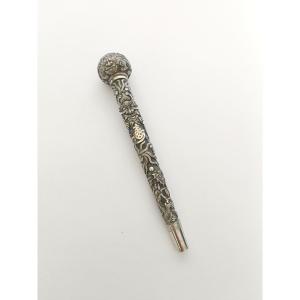  Solid Silver Cane Handle With Dragon Decor. 19th Century China Indochina