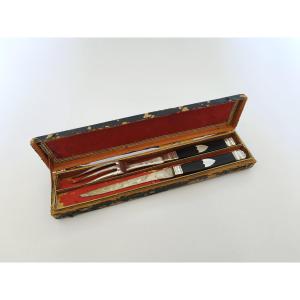 Empire: Serving Cutlery, Stew Fork & Knife, Silver And Ebony, In Case. 19th Century. 