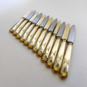 Boin-taburet: Set Of Twelve Silver-gilt Knives, Steel Blade / Gilt Silver. C1900 St Louis XVI