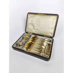 Queillé: Solid Silver Gilt Tea Set In A Case, Late 19th Century. Spoon