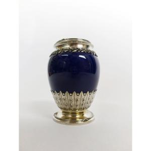 Bardiès: Blue Glazed Earthenware Vase With Silver Mount In The Louis XVI Style. Early 20th Century. 