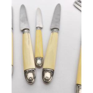 Puiforcat: Six Table Knives And Six Fruit Knives, Steel And Silver In Empire Style. 