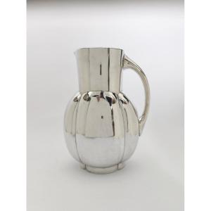 Fjerdingstad For Gallia/christofle: "melon" Pitcher/carafe, Silver-plated Metal. Art Deco, C. 1930