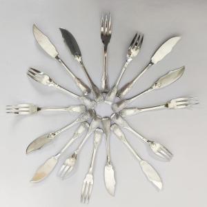 Odiot & Boulenger: Fish Service For Eight Place Settings & Serving Pieces, In Regency Style. 