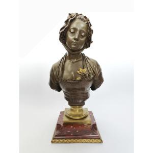 E. Laurent & Susse: Bronze Bust, After Greuze, On A Griotte Marble Base With Gilt Bronze Mount. Late 19th Century