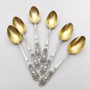 Henri Soufflot & Cie: Six Silver-gilt Dessert Spoons With An Imperial Eagle Decoration