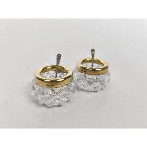 Communist-era Salt Cellars In Solid Silver/gilt And Glass, With An Enameled Spoon. Russia, 20th Century