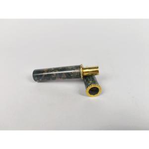  Tubular Wax Or Message Case In Moss Agate, Bloodstone Jasper & Sterling Silver / Vermeil, 19th Century