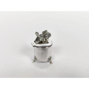 Lubin Paris: Solid Silver Mustard Pot Decorated With Japanese Fish. Japan, 20th Century? 