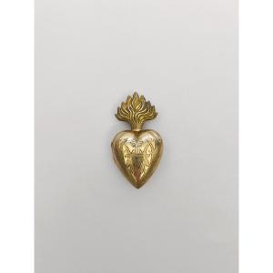 Ex Voto: Flaming Heart In Brass. 19th Century Religious; Immaculate Heart Of Mary. 