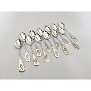 Twelve Solid Silver Dessert Spoons, Fazy Family Coat Of Arms. 19th Century, Geneva?