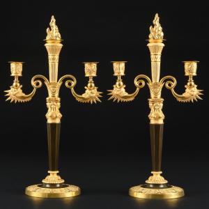 Claude Galle - Rare Pair Of Empire Candelabra With Dragons - Circa 1810
