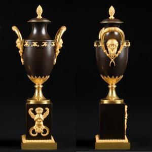 Rare Pair Of Consulat Period (1799-1804) Cassolettes / Candleholders For Double Use