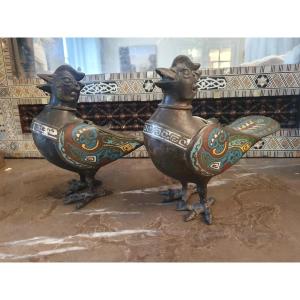 Rare Pair Of Birds Incense Burner In Cloisonne Bronze China Nineteenth