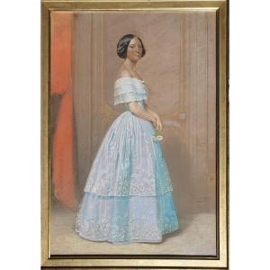 Pastel Portrait Of Noble Woman Signed Romain Cazes (1808-1881) 19th Napoleon III