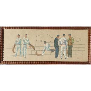 Louis Floutier (1882-1936) Rare Gouache Pelotari Basque Country Pelot Stencil