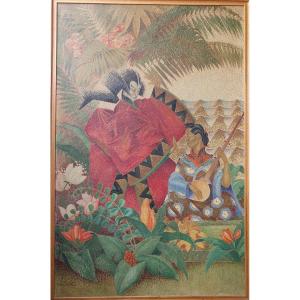 Very Large Art Deco Panel Signed André David Asia Japan (1930) Sliding Door