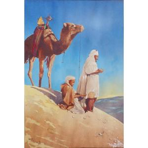 Andre Herviault (1884-1969) Orientalist Painting Bedouins In Prayer 20th Century Painter Traveler