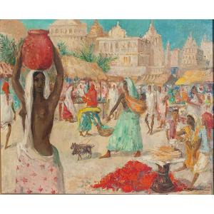 Paul Daxhelet (1905-1993) Market In Benares Painting India Painter Traveler Belgian