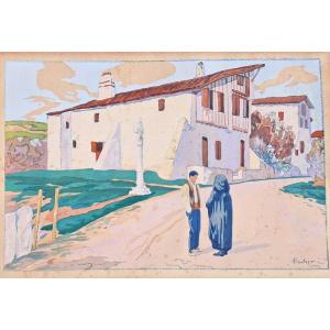 Louis Floutier (1882-1936) Gouache Stencil Basque Country