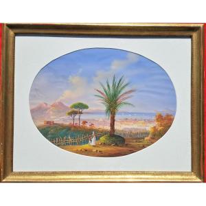 Neapolitan Gouache Naples Vesuvius Italy 20th Century