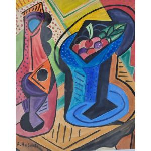 Antoine Huberti (1898-1980) Cubist Painting Watercolor Spain 20th Century Still Life