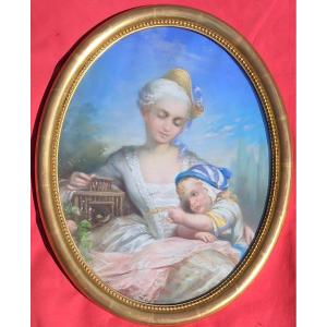 Eugène Lejeune (1818-1897) Mother And Her Child Pastel In The Style Of The 18th Century