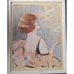 Gouache Portrait Of A Woman, Art Deco, Smoking, Flapper, Redhead, Roaring Twenties, 1930s 