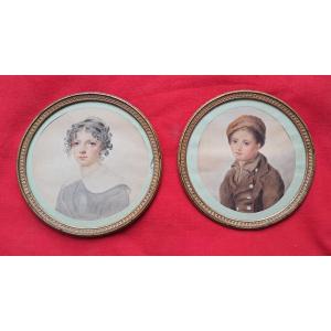 2 Romantic Children's Portraits 19th Century Charles X Miniature Little Boy Little Girl Round Frame