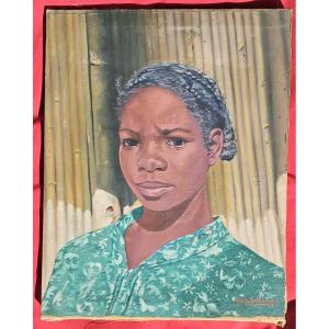 Portrait Of A Young Malagasy Girl From Madagascar Bernard Ranjato Betsimiraka Tribe Oil On Canvas 