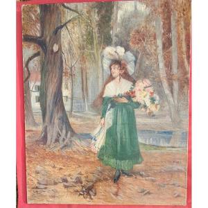 Art Nouveau Oil 1900 Elegant Autumn Woman Redhead 19th Impressionist Garden Park Paris 