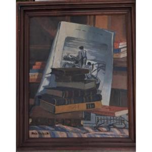 Oil Painting By Alain Fontanier, Known As Br Bruss, Depicting An Interior Scene With Books, A Library, And An Engraving In The Office. 
