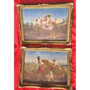Pair Of Oil Paintings On Panel, Napoleon III Style, Bucolic Scene, Children, Animals, Countryside, Italy, Mariani 