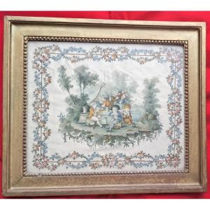18th Century Painted Silk, Louis XV And Louis XVI Period, 18th Century Frame, Gallant Scene, Children, Garland Of Roses