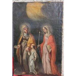 Religious Painting, 17th-18th Century, Depicting The Education Of The Virgin Mary, Catholic Religion, Saint Anne, 18th Century