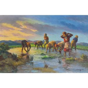 Jean Rambinintsoa (1899-1986) Malagasy Painting Rural Scene Of The Highlands Of Madagascar