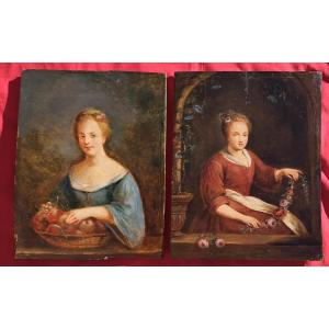 Pair Of Late 18th-century Portraits Of Women, Dutch School, Follower Of Metsu, Allegory Of Flowers And Fruit
