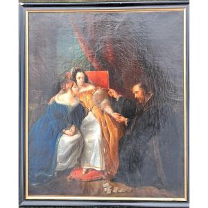 Troubadour Period Oil Painting Circa 1840. Deveria, Noble Nobility, Cartomancy, Cards, Mage, Seer, 19th Century